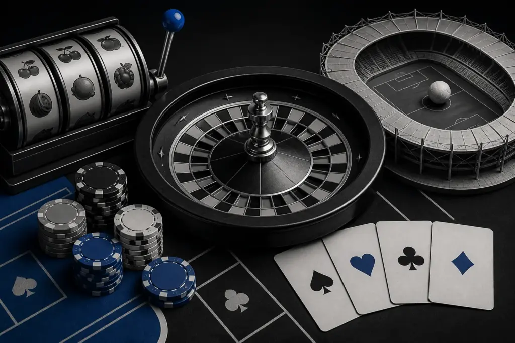 Montase editorial slot, roulette, meja kartu, dan taruhan olahraga sebagai peta kategori permainan